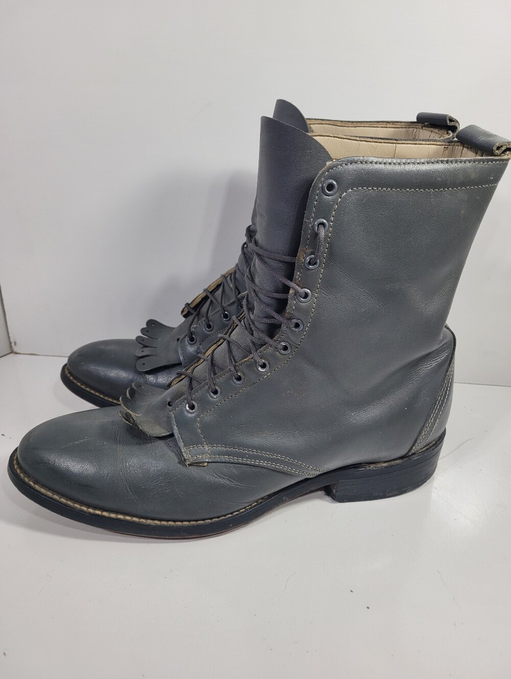 Vintage Men's Gray Leather Lace Up Roper Boots Kiltie Western Cowboy Size 10.5